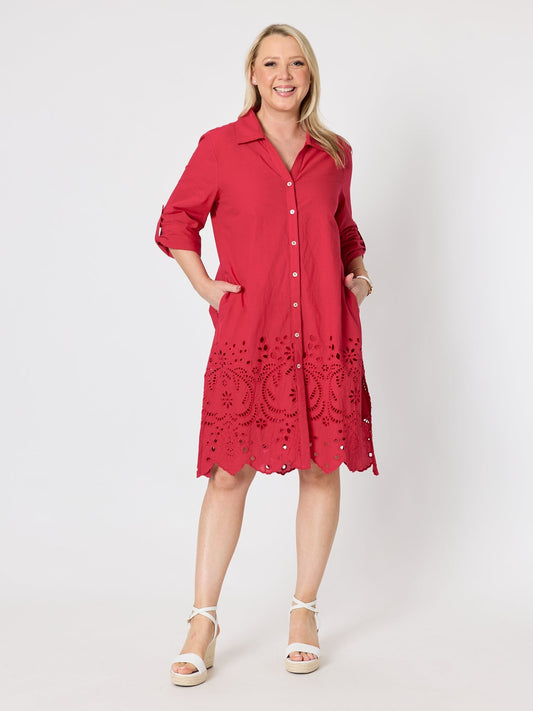 Image of Dresses. Product name - Riviera Cotton Broderie Dress Rouge in Rouge colour by brand - Gordon Smith