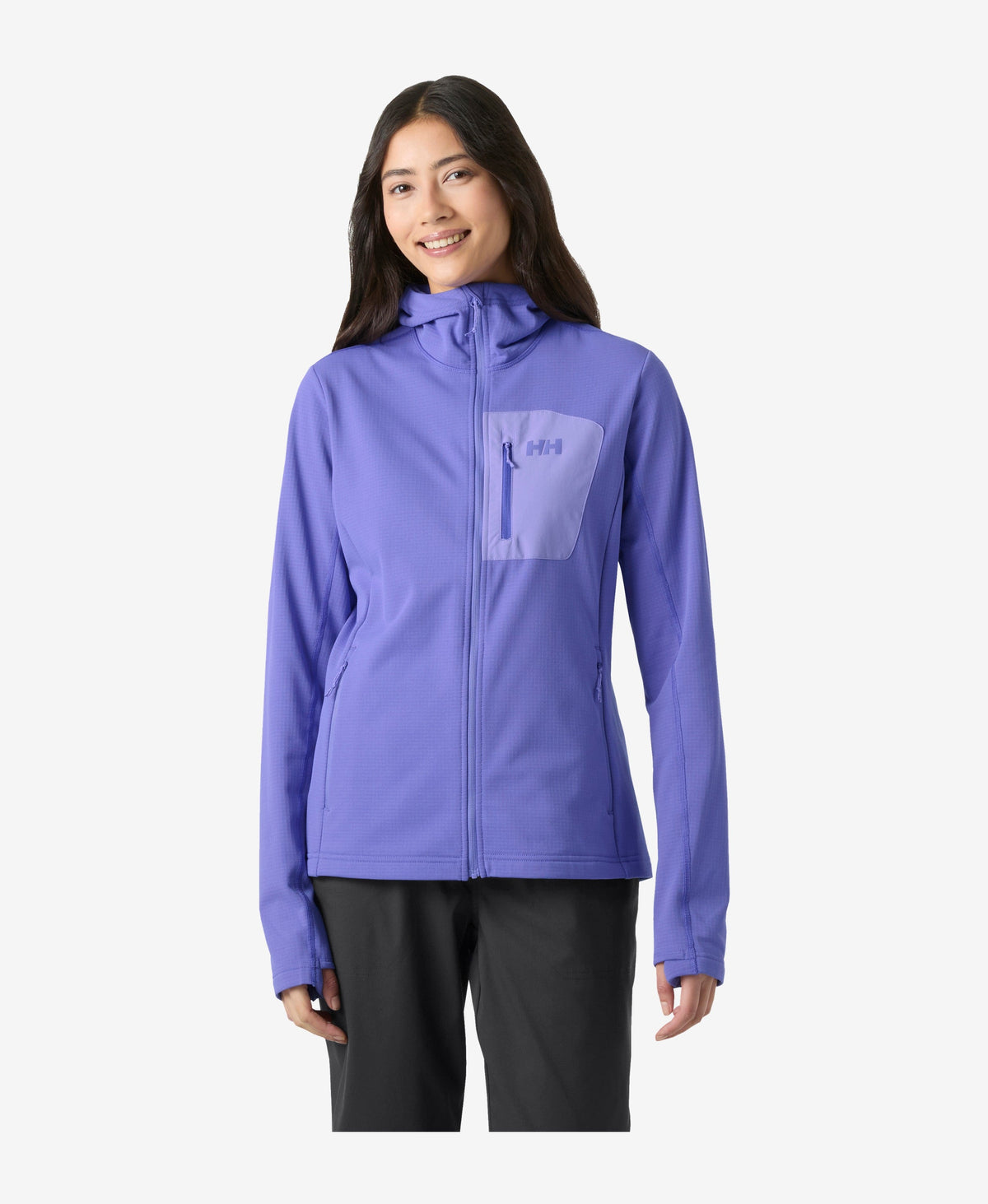 Image of a model wearing Outerwear. Product name - W VERSALITE HOODED JACKET, Ultra Violet in Ultra Violet colour by brand - Helly Hansen