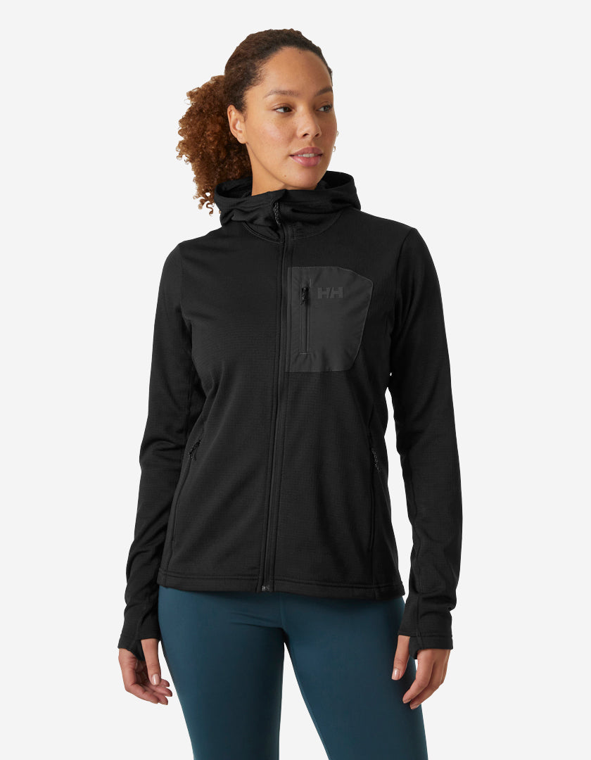 Image of a model wearing Outerwear. Product name - W VERSALITE HOODED JACKET, Black in Black colour by brand - Helly Hansen