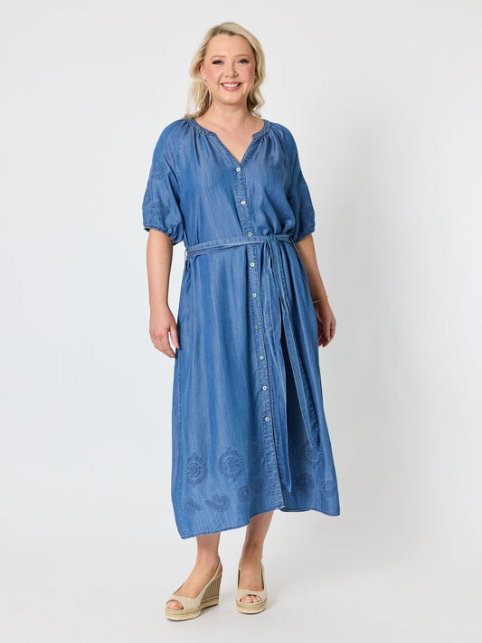 Image of Dresses. Product name - Oasis Embroidered Denim Dress Denim in Denim colour by brand - Gordon Smith