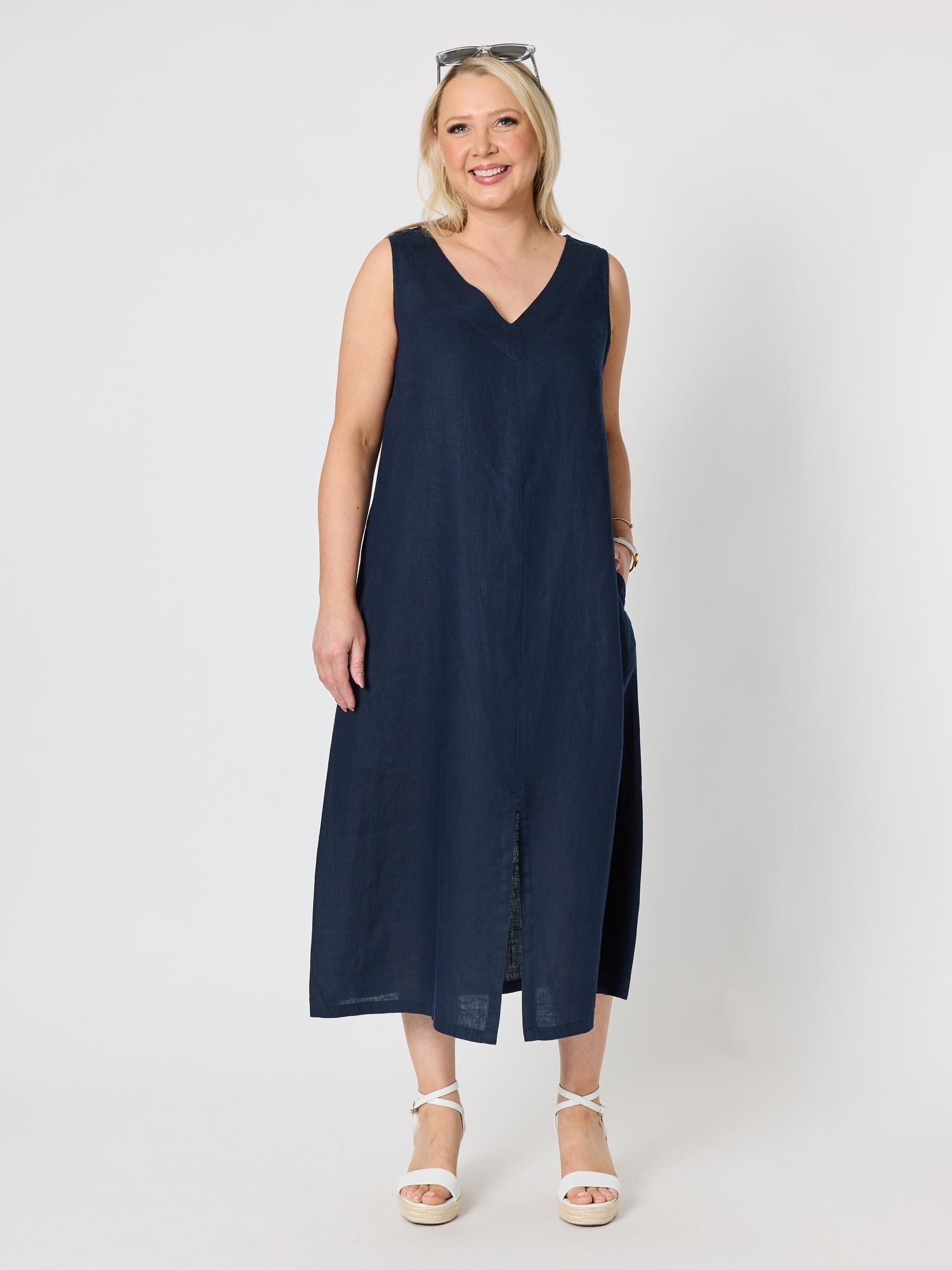 Image of Dresses. Product name - Ava Linen V-neck Dress Navy in Navy colour by brand - Gordon Smith