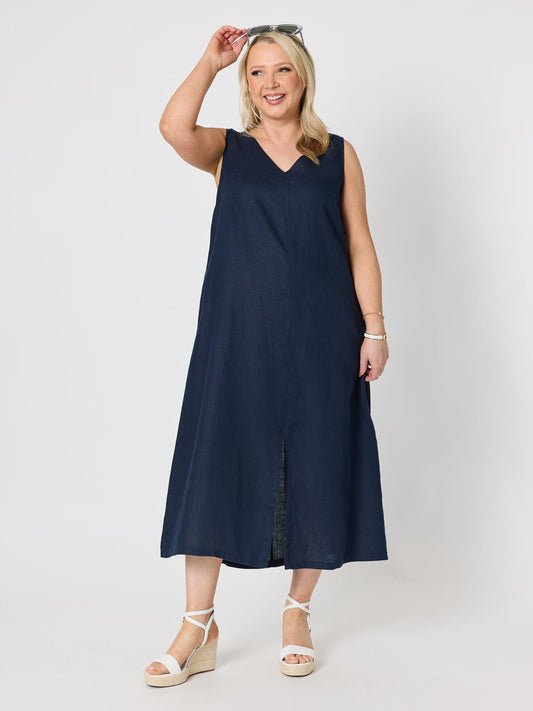 Gordon Smith Ava Linen V-neck Dress (Navy)