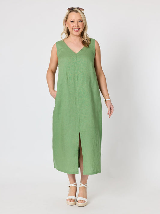 Image of Dresses. Product name - Ava Linen V-neck Dress Fern in Fern colour by brand - Gordon Smith