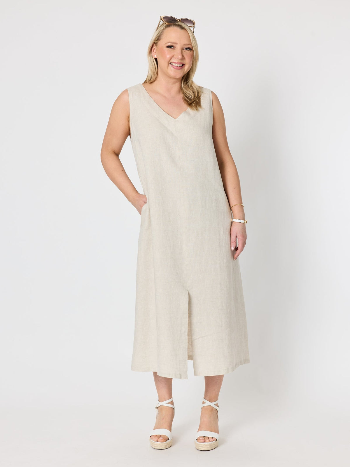 Image of Dresses. Product name - Ava Linen V-neck Dress Natural in Natural colour by brand - Gordon Smith