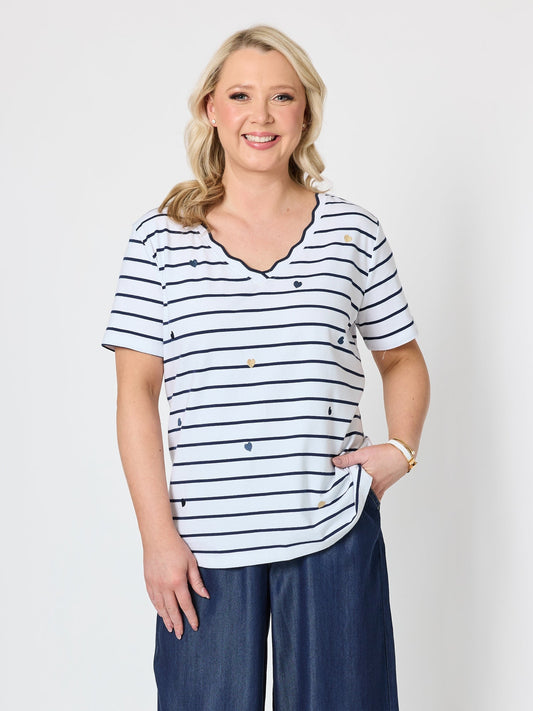 Image of T-Shirts. Product name - Marina Embroidered Stripe Print Tee Navy/White in Navy/White colour by brand - Gordon Smith