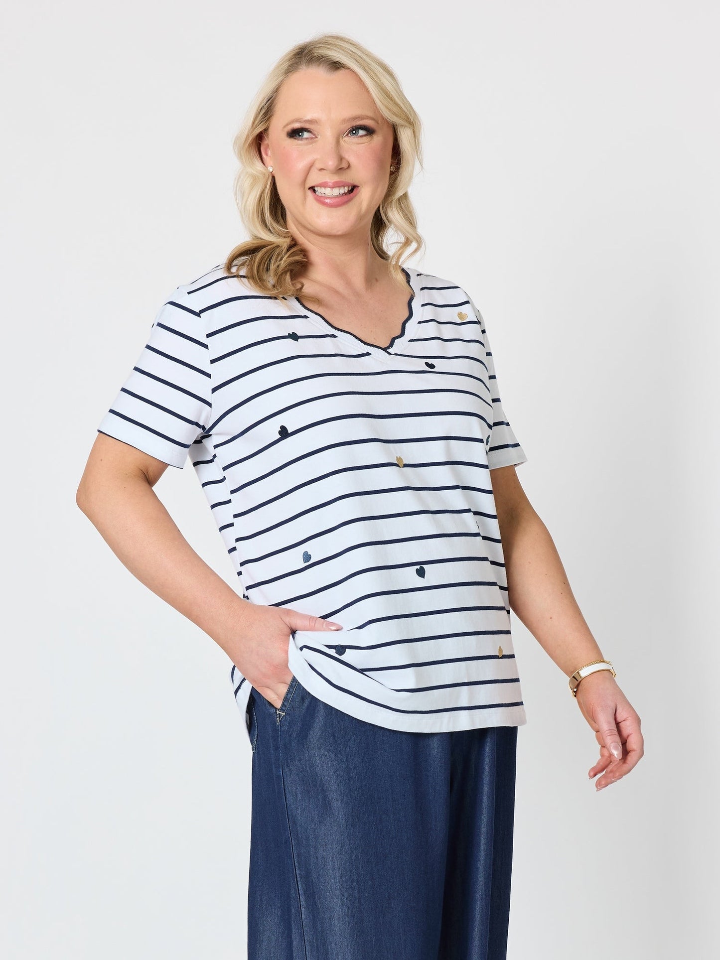 Gordon Smith Marina Embroidered Stripe Print Tee (Navy/White)