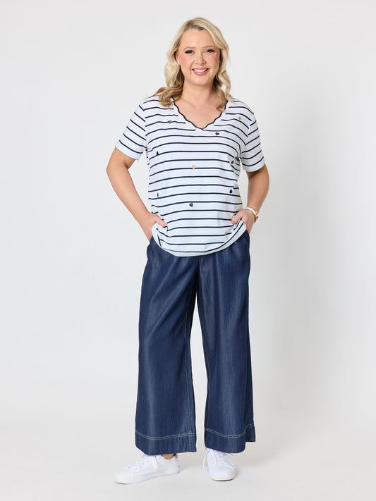 Gordon Smith Marina Embroidered Stripe Print Tee (Navy/White)