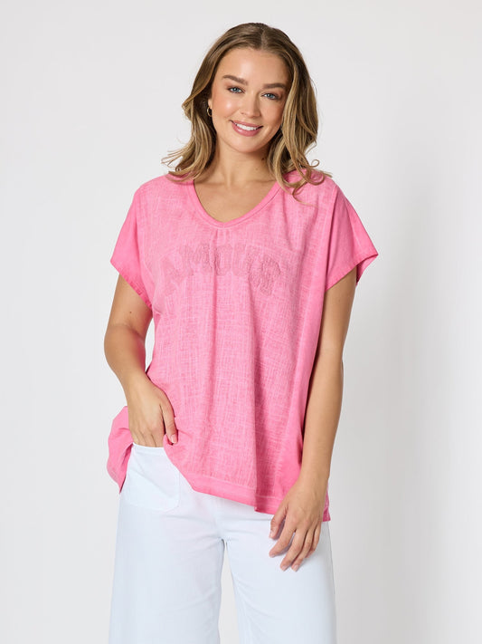 Image of a model wearing Tops. Product name - Belle Amour Embroidered Top Rose in Rose colour by brand - Threadz