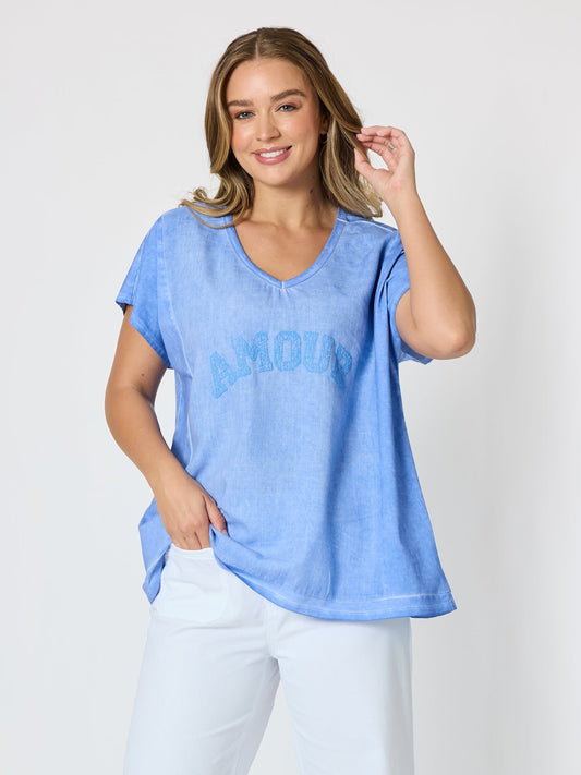 Image of a model wearing Tops. Product name - Belle Amour Embroidered Top Sky Blue in Sky Blue colour by brand - Threadz