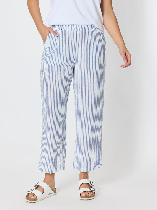 Image of a model wearing Pants. Product name - Amalfi Stripe Print Pant Azure White in Azure White colour by brand - Threadz