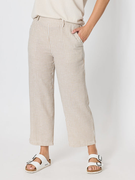 Image of a model wearing Pants. Product name - Urban Stripe Print Pant Natural White in Natural White colour by brand - Threadz