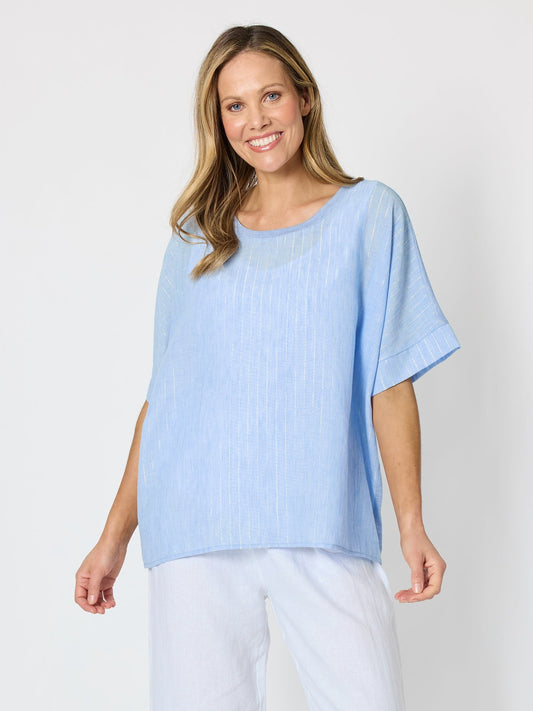 Image of a model wearing Tops. Product name - Riviera Relaxed Stripe Top Pale Blue in Pale Blue colour by brand - Clarity