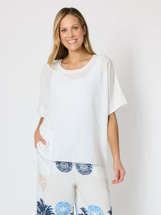Image of a model wearing Tops. Product name - Riviera Relaxed Stripe Top White in White colour by brand - Clarity