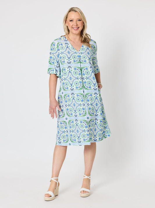 Image of Dresses. Product name - Palm Beach Print Dress Fern Multi in Fern Multi colour by brand - Gordon Smith