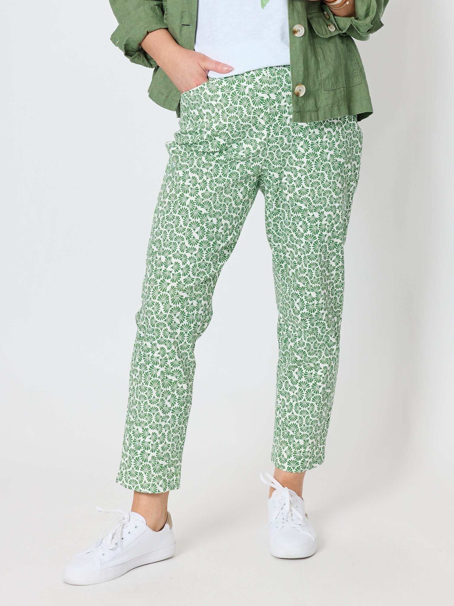 Image of a model wearing Pants. Product name - Oasis Print Slim Leg Pant Fern White in Fern White colour by brand - Gordon Smith
