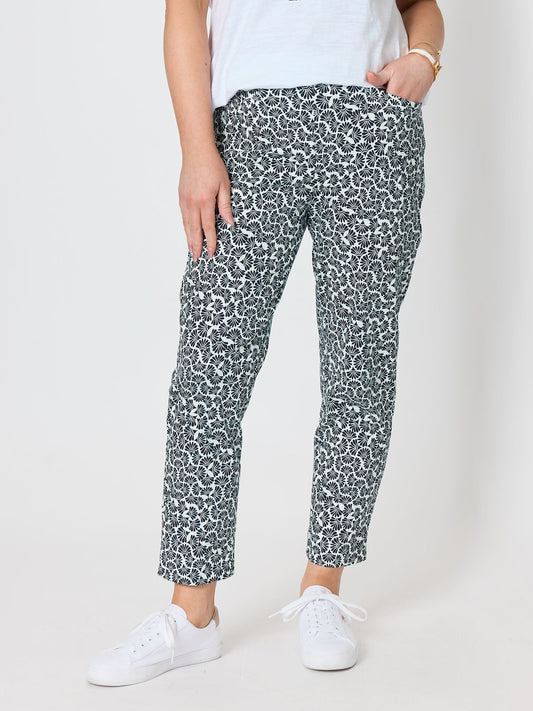 Image of a model wearing Pants. Product name - Oasis Print Slim Leg Pant Navy/White in Navy/White colour by brand - Gordon Smith