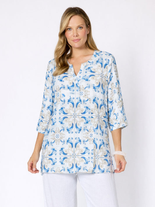 Image of a model wearing Tops. Product name - Portofino Print Top Cornflower Multi in Cornflower Multi colour by brand - Hammock & Vine
