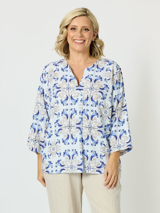 Image of a model wearing Tops. Product name - Portofino Print Top Cornflower Multi in Cornflower Multi colour by brand - Hammock & Vine