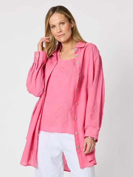 Image of Shirts. Product name - Lagoon Palm Floral Embroidered Shirt Raspberry in Raspberry colour by brand - Threadz