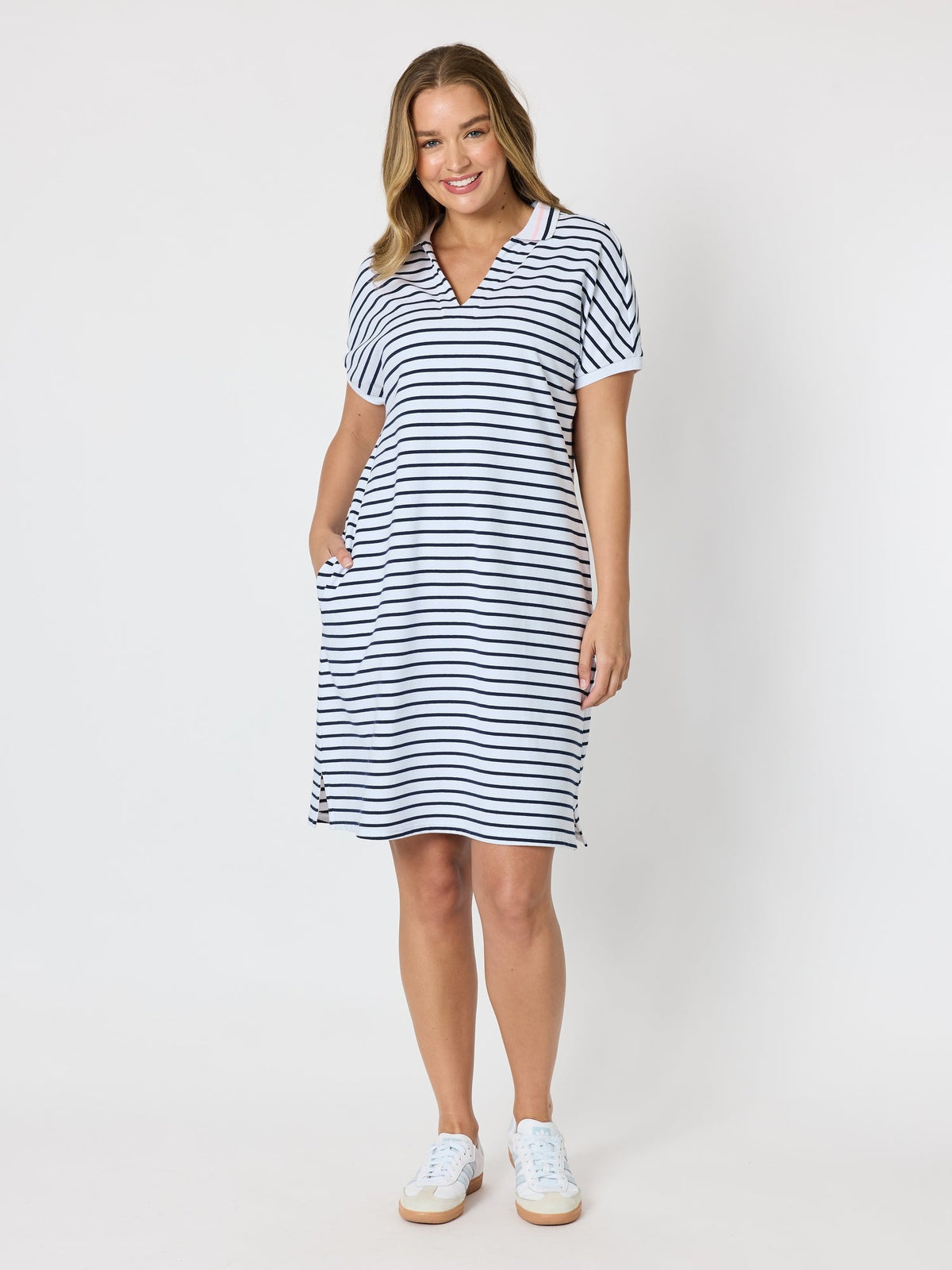 Image of Dresses. Product name - Sailor Stripe Print Polo Dres Navy/White in Navy/White colour by brand - Threadz