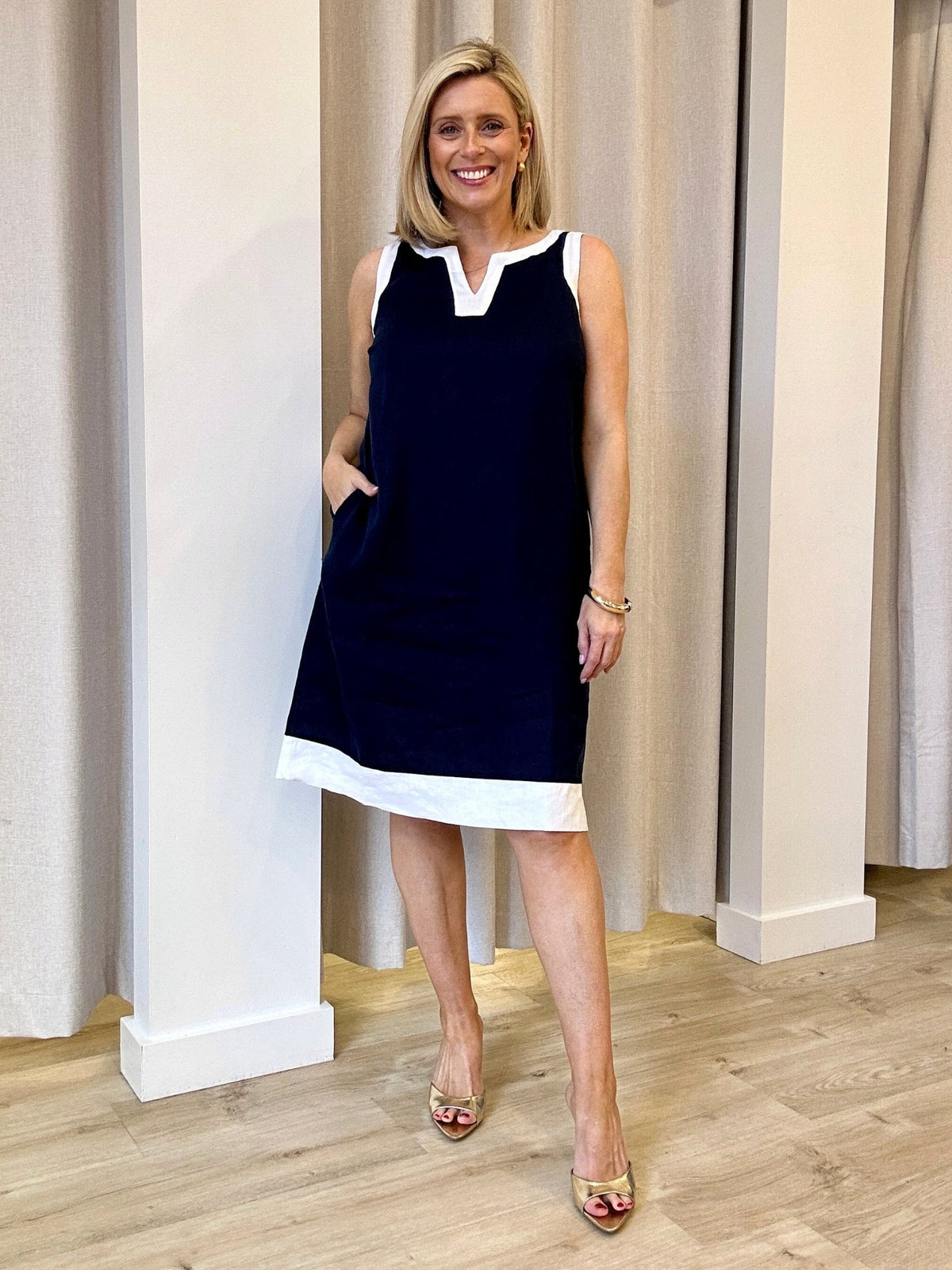 Image of Dresses. Product name - Chloe Contrast Linen Dress Navy/White in Navy/White colour by brand - Gordon Smith