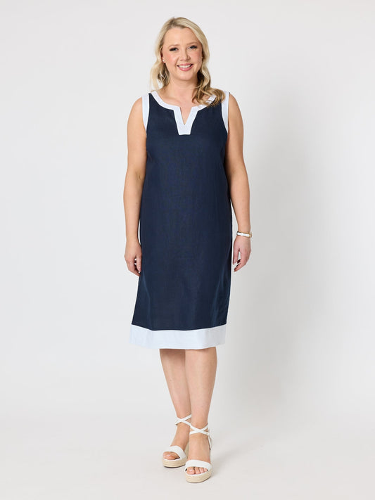 Image of Dresses. Product name - Chloe Contrast Linen Dress Navy/White in Navy/White colour by brand - Gordon Smith