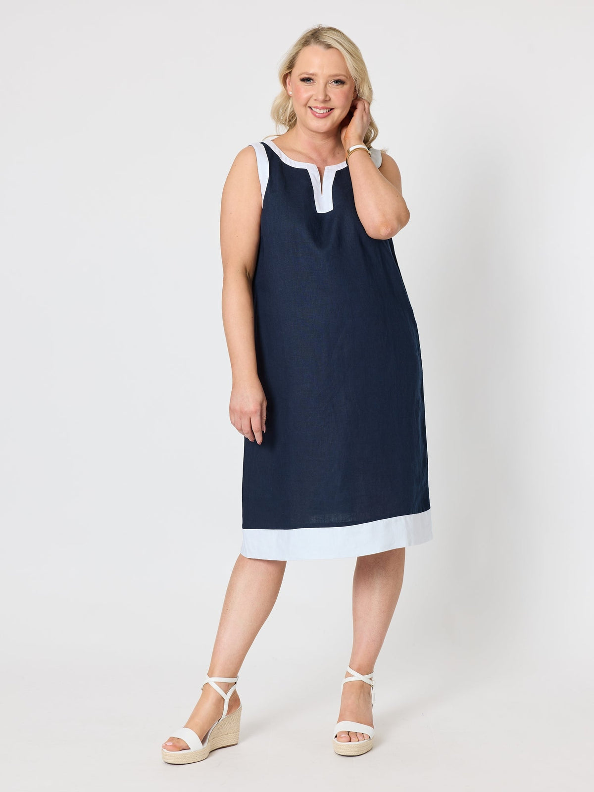 Gordon Smith Chloe Contrast Linen Dress (Navy/White)