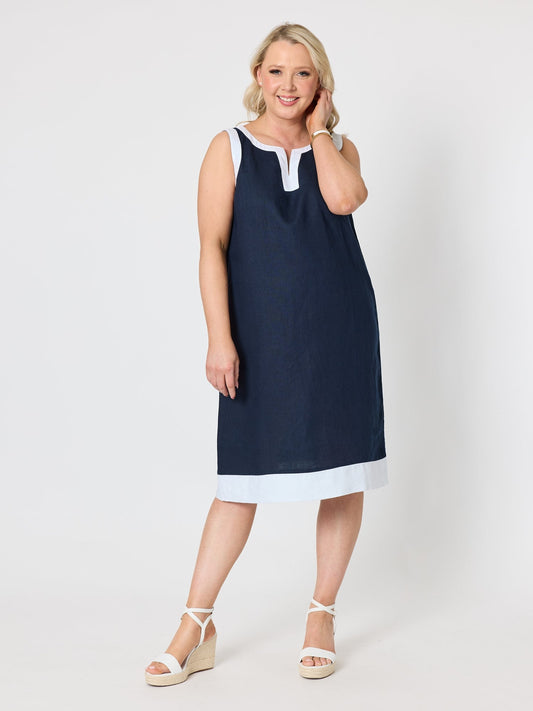 Gordon Smith Chloe Contrast Linen Dress (Navy/White)