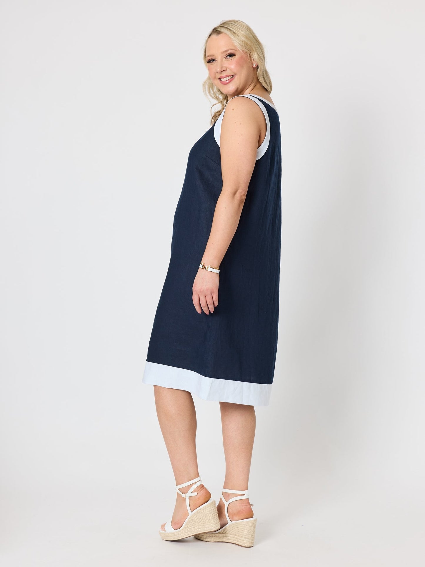 Gordon Smith Chloe Contrast Linen Dress (Navy/White)