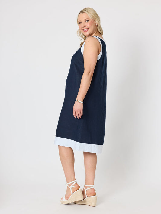 Gordon Smith Chloe Contrast Linen Dress (Navy/White)