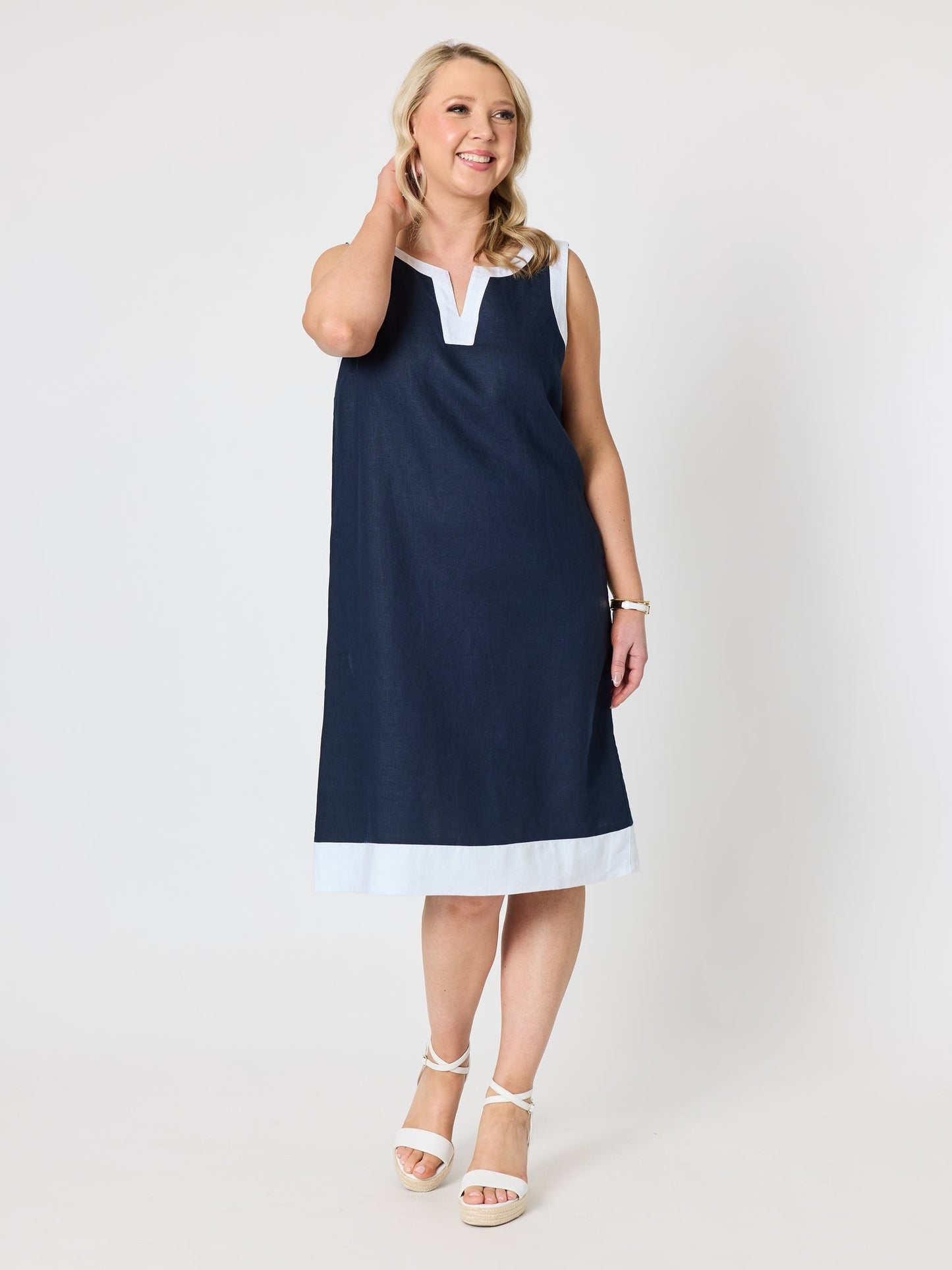 Gordon Smith Chloe Contrast Linen Dress (Navy/White)