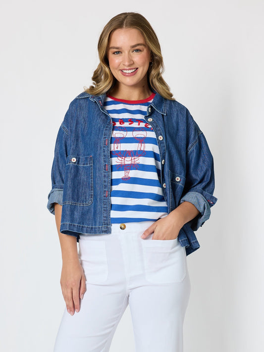 Image of Coats & Jackets. Product name - Coast Crop Denim Jacket Denim in Denim colour by brand - Threadz