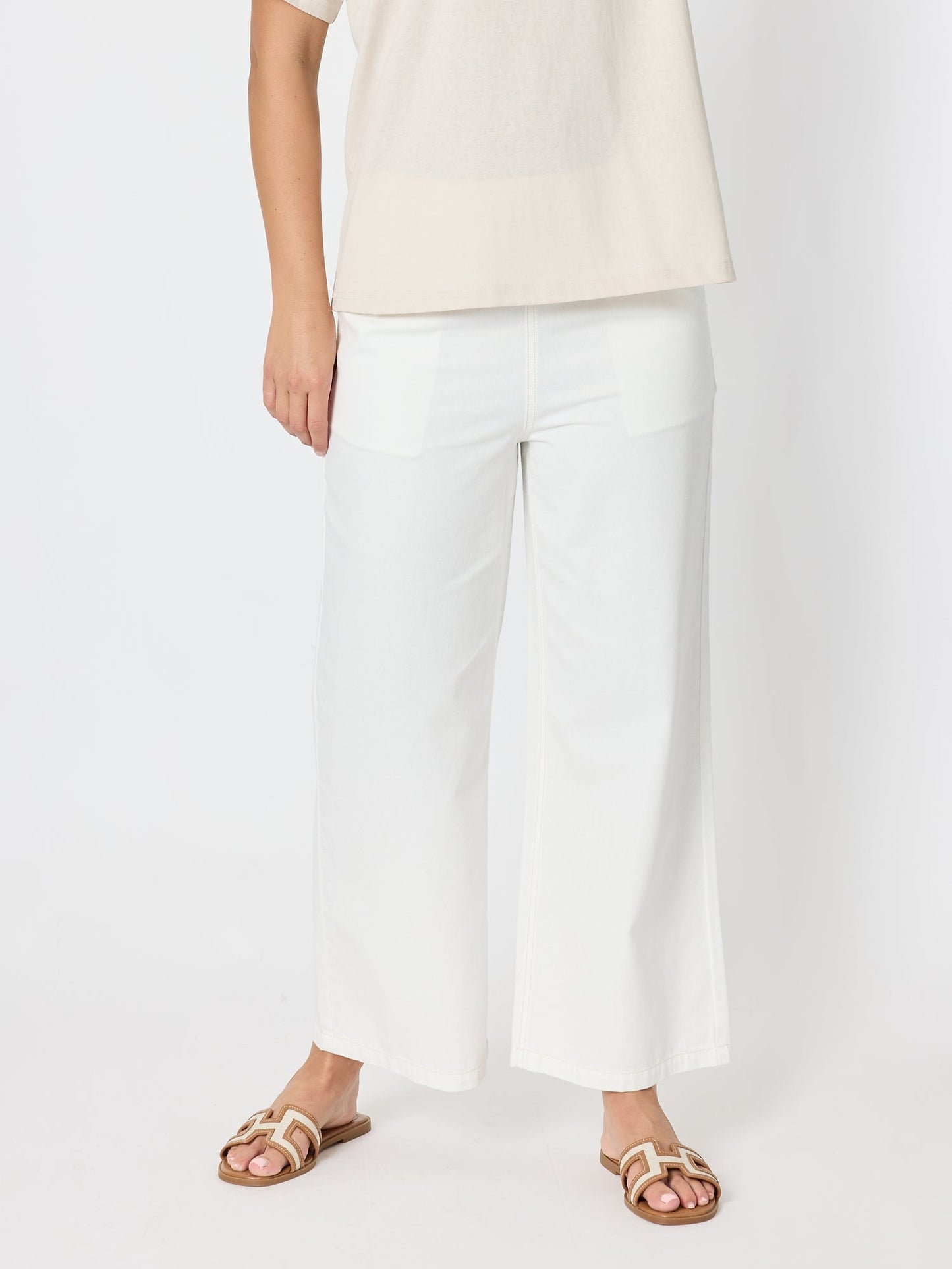 Image of a model wearing Pants. Product name - Coast Wide Leg Jean Milk in Milk colour by brand - Threadz