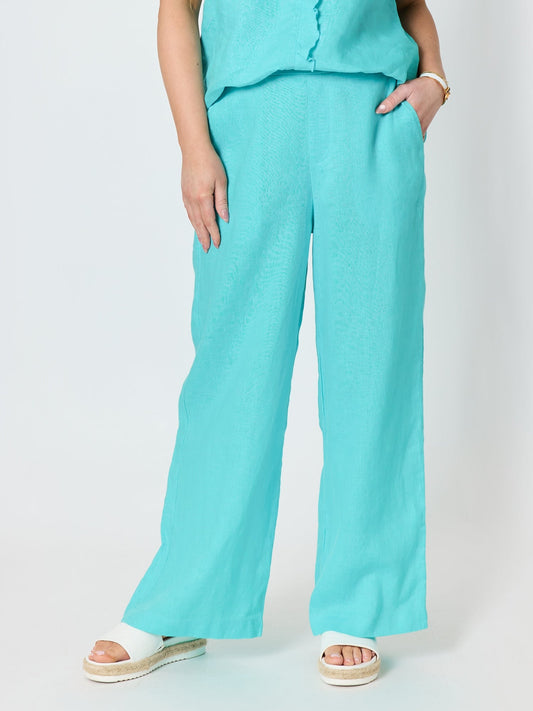 Image of a model wearing Pants. Product name - Luella Wide Leg Linen Pant Seafoam in Seafoam colour by brand - Gordon Smith