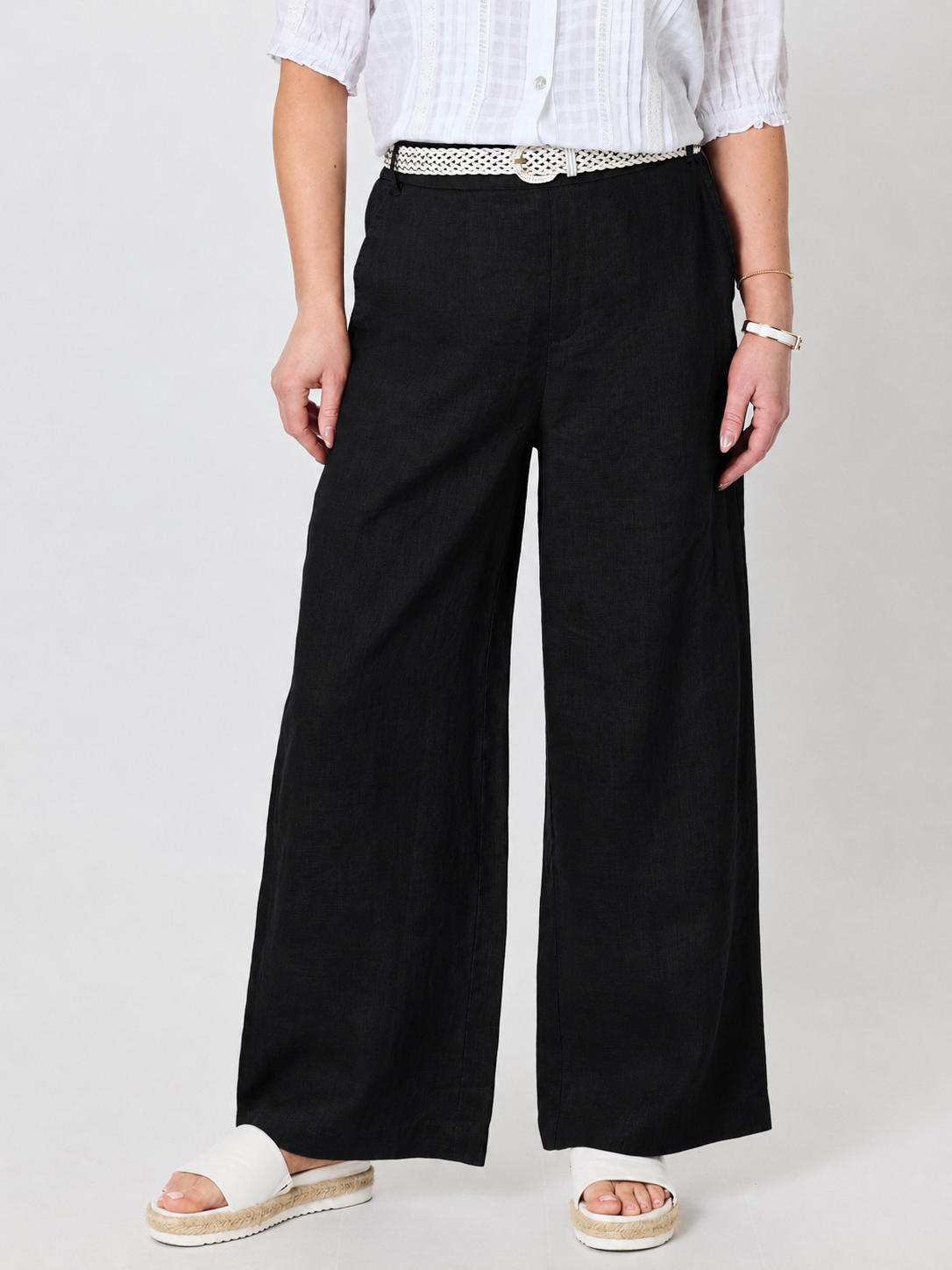 Image of a model wearing Pants. Product name - Luella Wide Leg Linen Pant Black in Black colour by brand - Gordon Smith