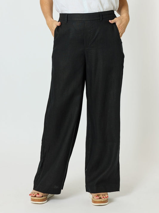 Image of a model wearing Pants. Product name - Luella Wide Leg Linen Pant Black in Black colour by brand - Gordon Smith