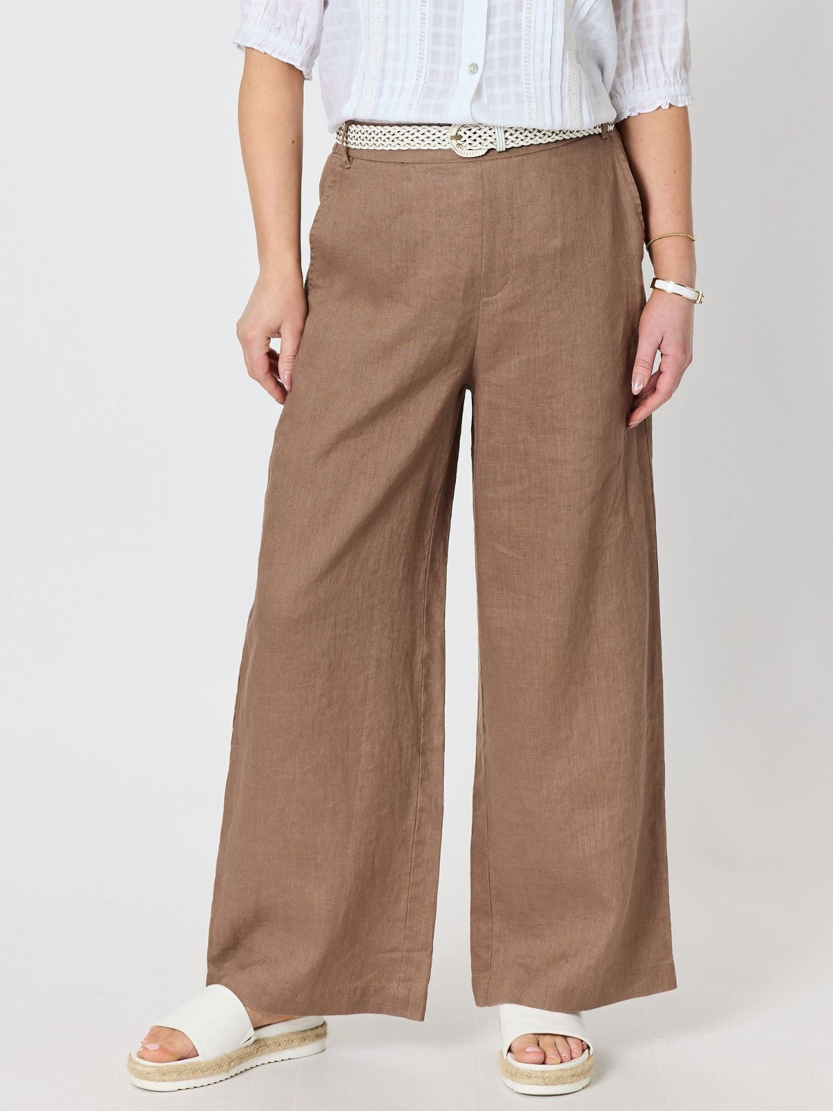 Image of a model wearing Pants. Product name - Luella Wide Leg Linen Pant Mocha in Mocha colour by brand - Gordon Smith