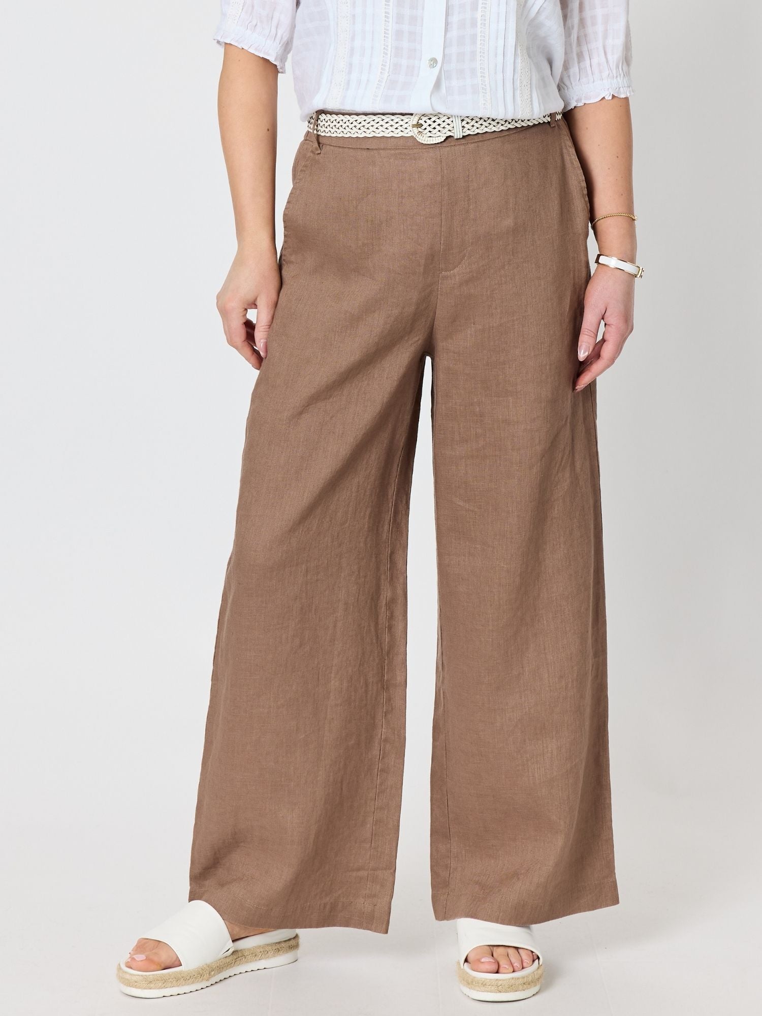 Image of a model wearing Pants. Product name - Luella Wide Leg Linen Pant Mocha in Mocha colour by brand - Gordon Smith