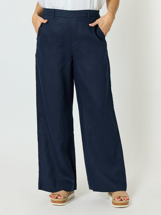 Image of a model wearing Pants. Product name - Luella Wide Leg Linen Pant Navy in Navy colour by brand - Gordon Smith