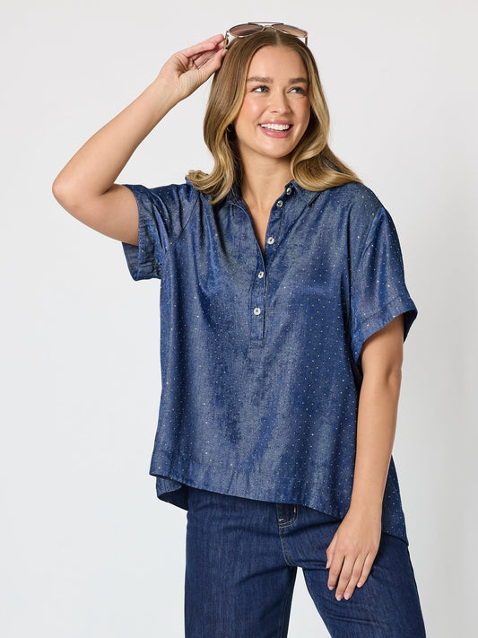 Image of a model wearing Tops. Product name - Urban Chic Diamante Top Dark Denim in Dark Denim colour by brand - Threadz