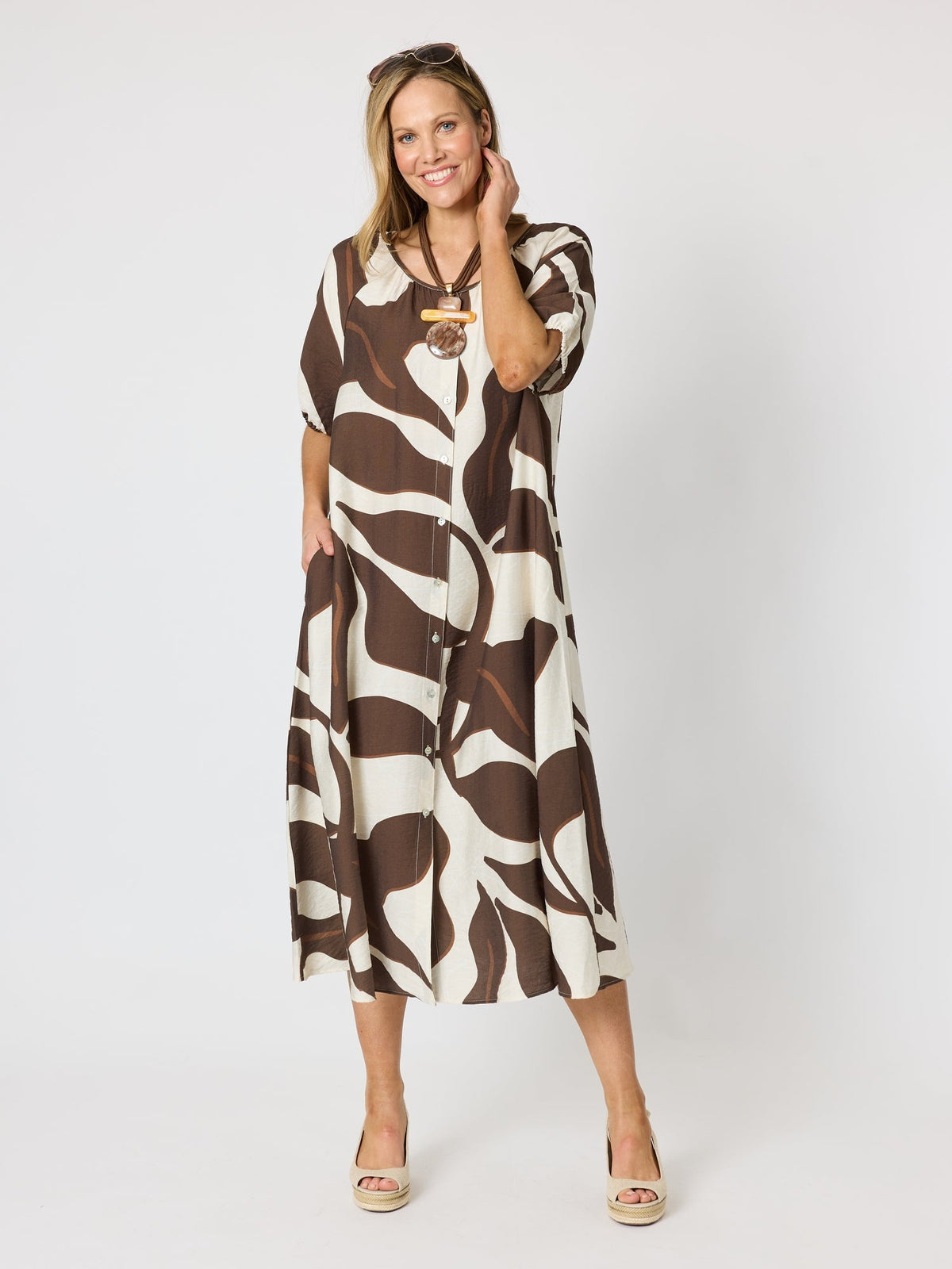 Image of Dresses. Product name - Bay Leaf Print Midi Dress Mocha Multi in Mocha Multi colour by brand - Clarity