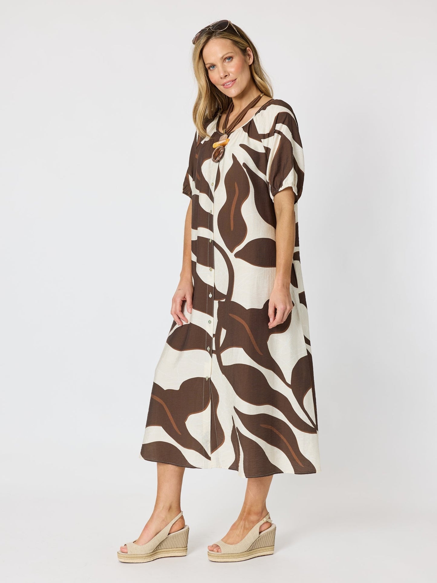 Clarity Bay Leaf Print Midi Dress (Mocha Multi)