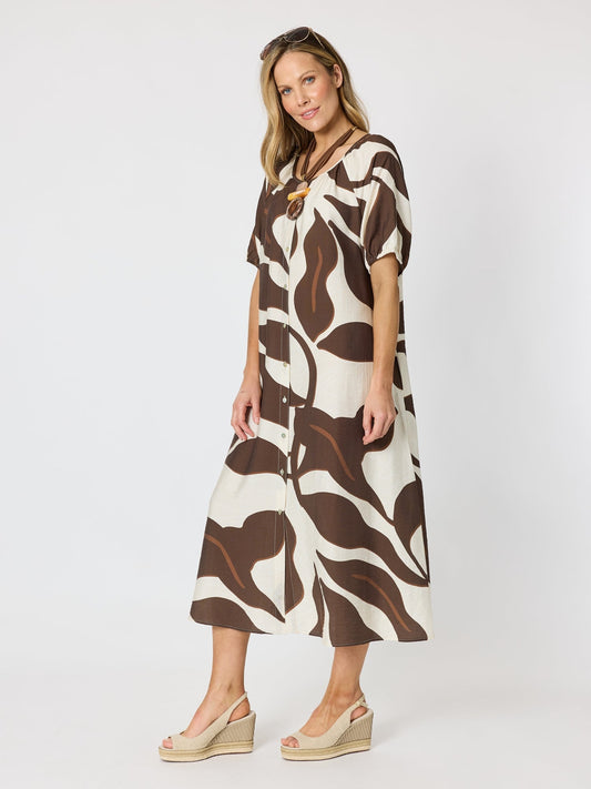 Clarity Bay Leaf Print Midi Dress (Mocha Multi)