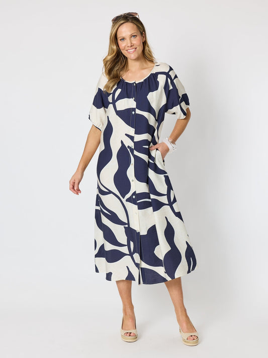 Image of Dresses. Product name - Bay Leaf Print Midi Dress Navy Multi in Navy Multi colour by brand - Clarity