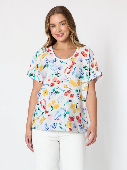 Image of a model wearing Tops. Product name - Picnic Print Top Azure Multi in Azure Multi colour by brand - Threadz