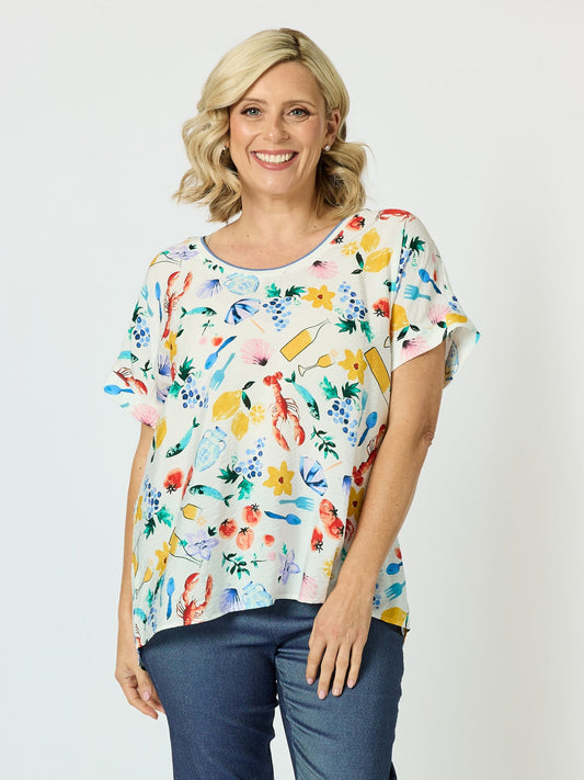 Image of a model wearing Tops. Product name - Picnic Print Top Azure Multi in Azure Multi colour by brand - Threadz
