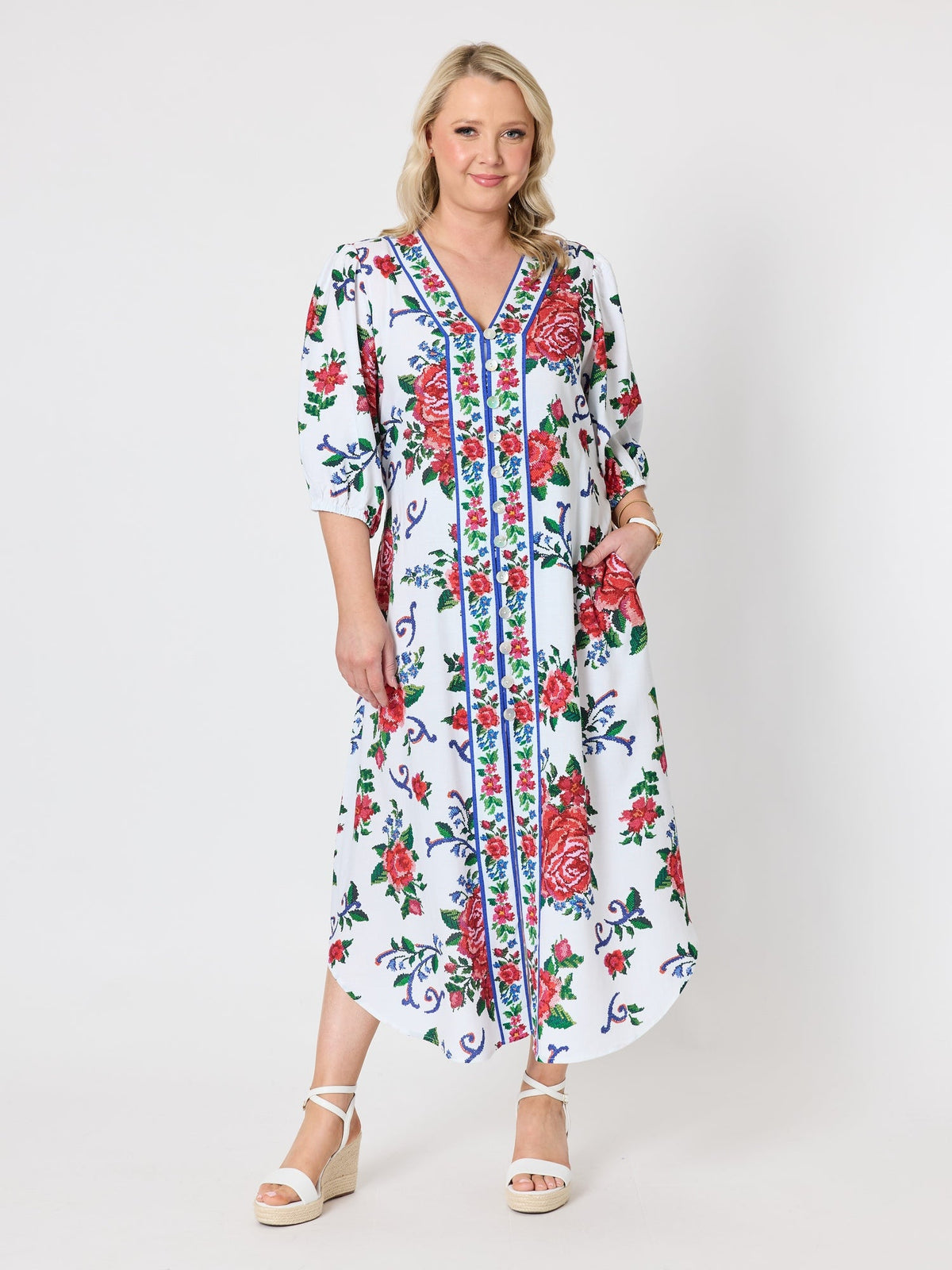 Image of Dresses. Product name - Fiesta Floral Print Dress Rouge Multi in Rouge Multi colour by brand - Gordon Smith