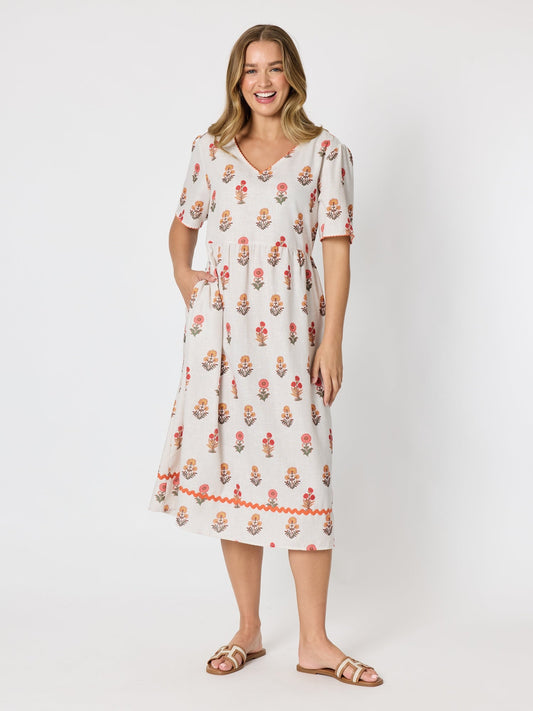 Image of Dresses. Product name - Candelabra Flower Print Dress Natural Multi in Natural Multi colour by brand - Threadz