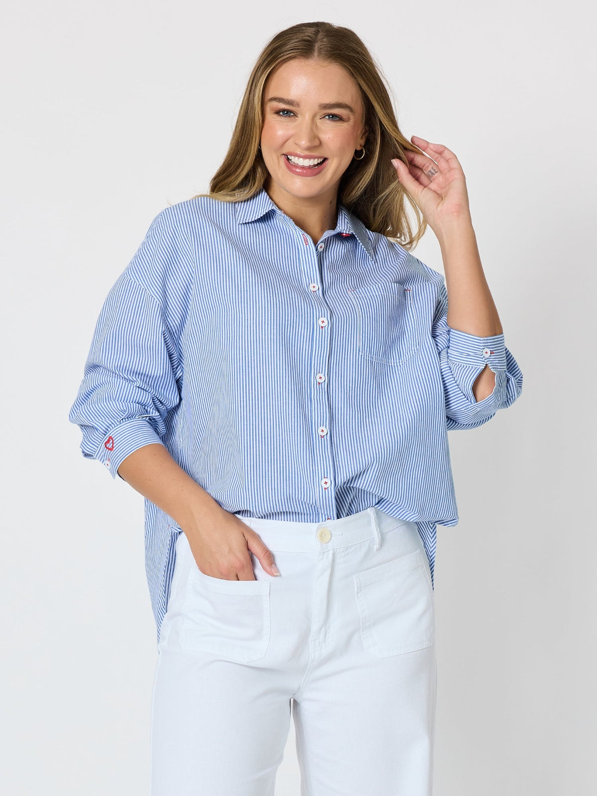 Image of Shirts. Product name - Seaview Stripe Print Cotton Shirt Blue/White in Blue/White colour by brand - Gordon Smith