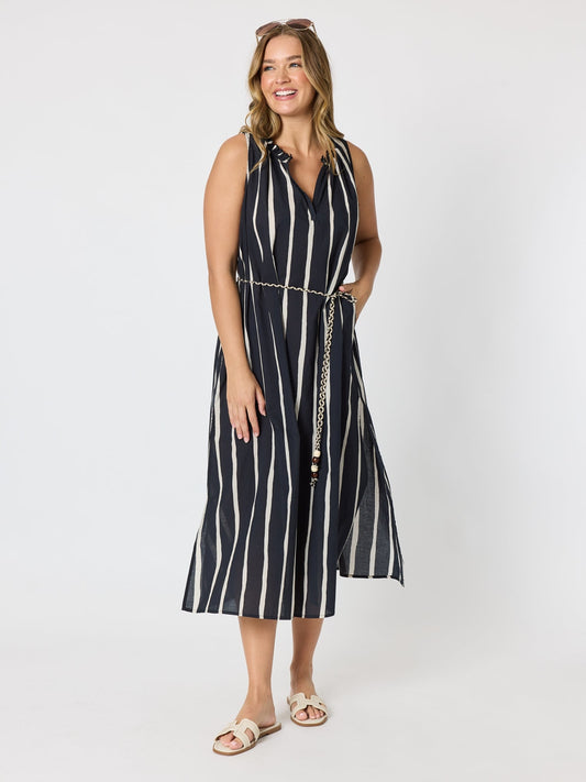 Threadz Sunset Safari Sleeveless Stripe Print Dress (Black/Ivory)